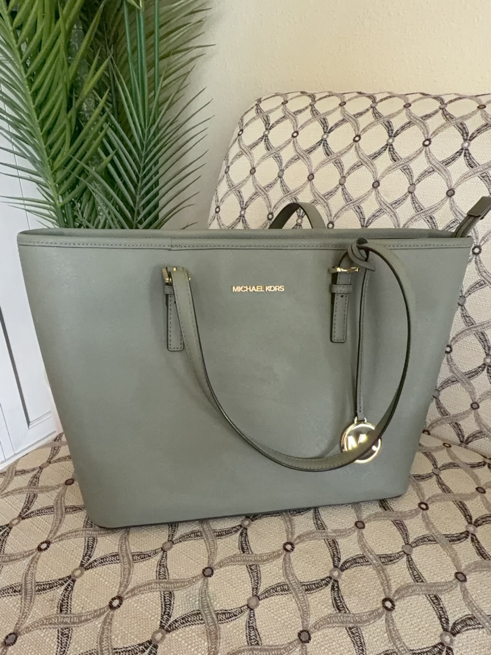 Michael Kors Sage Green Leather Tote with Gold Logo Charm